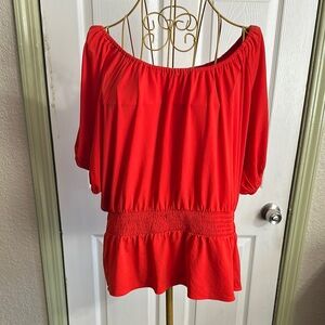Ann Taylor Bright Red Smocked Peplum Top with Relaxed Sleeves